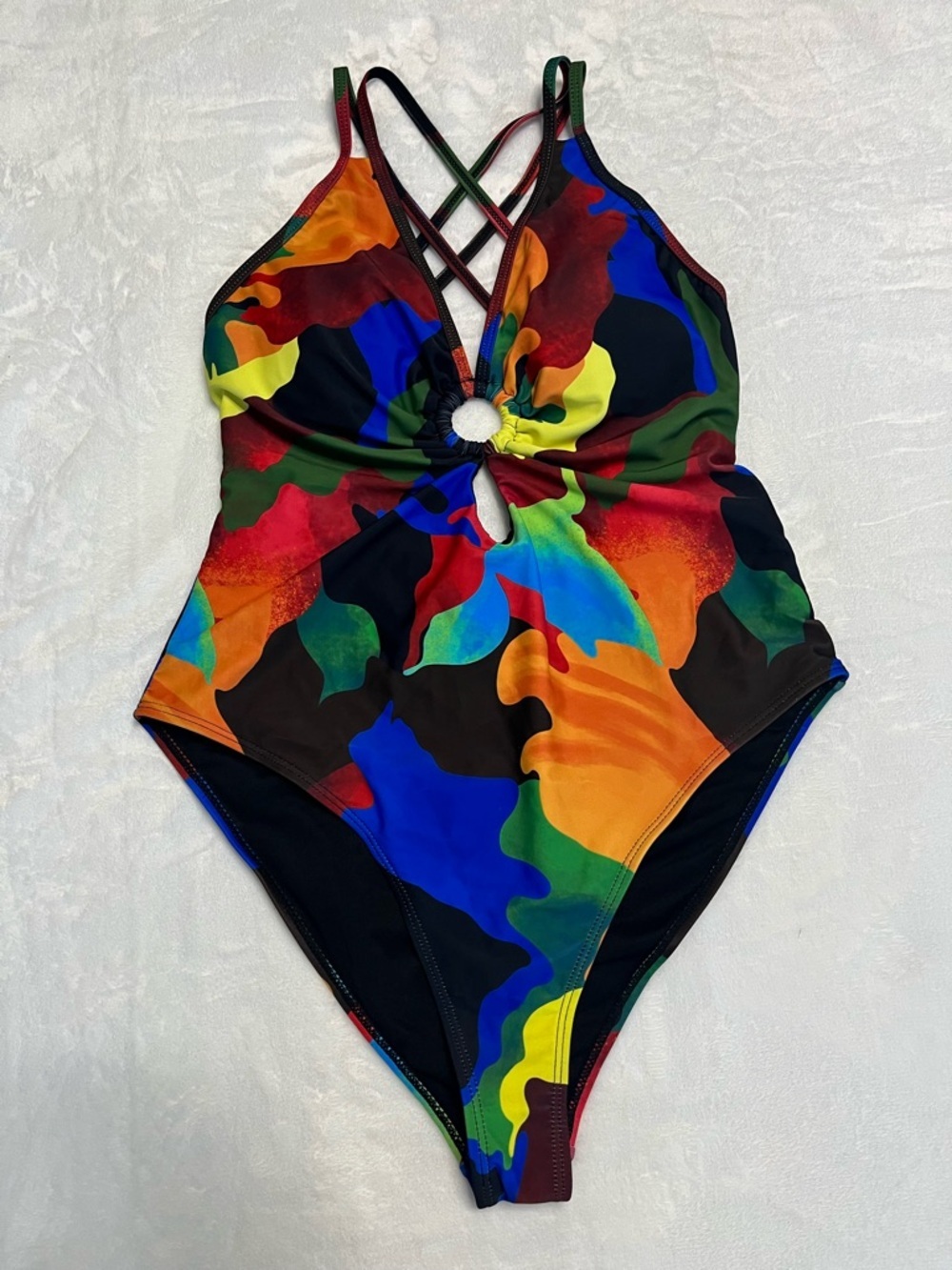 NWOT Women's Multicolor Abstract Camo Cutout One-Piece Swimsuit O-Ring Boho XL